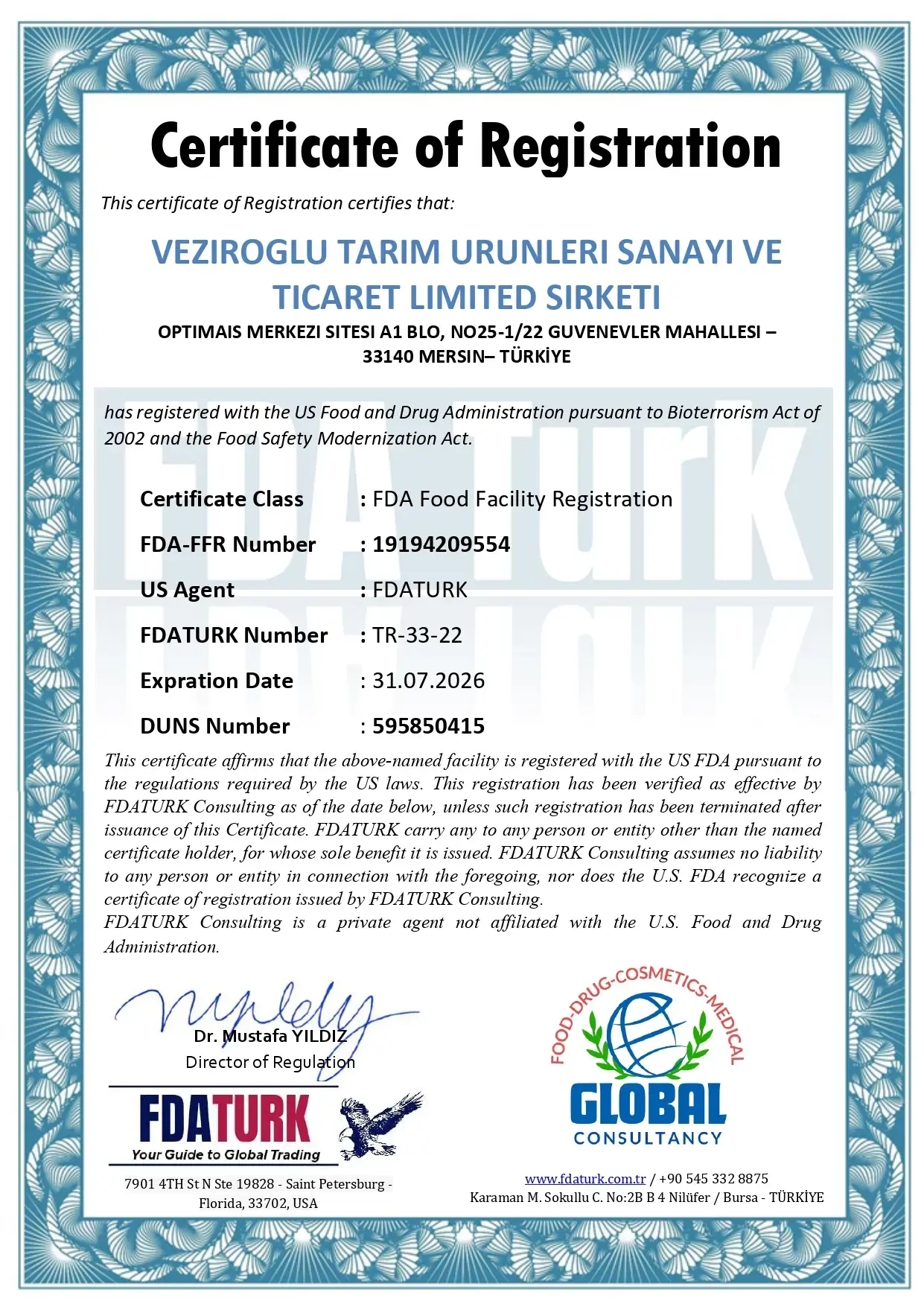 FDA Gıda Tesisi Kayıt Sertifikası